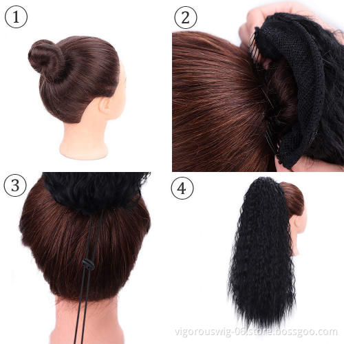 Clip in Corn Wave Ponytail Extension Drawstring Long Yaki Wavy Pony Tail Hair 22 Inch Synthetic Hairpiece - Black for Women